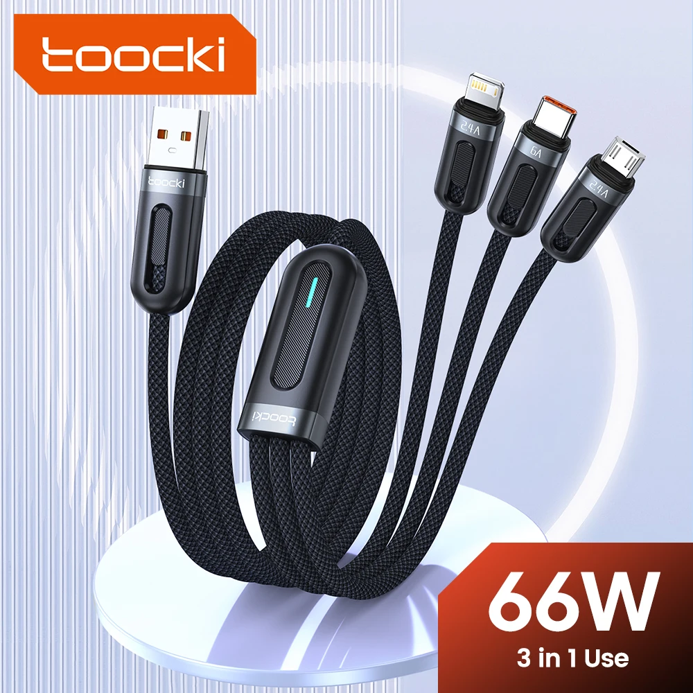 Toocki 3 in 1 66W USB Cable to USB C Micro Cable Quick Charge PD iP Type C Wire Compatible for iPhone Xiaomi POCO OPPO Data Cord