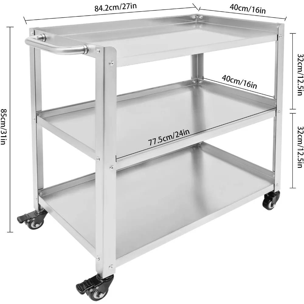3 Tier Stainless Steel Kitchen Trolley Cart, Foldable Utility Serving Storage Rolling Car Shelf with Wheels, Shelving Unit for H