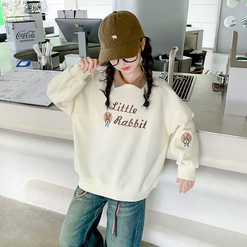 

Kawaii модный спортивный костюм для девочек, утепленный студенческий весенне-осенний повседневный пуловер с длинными рукавами и героями мультфильмов, топы, детская одежда