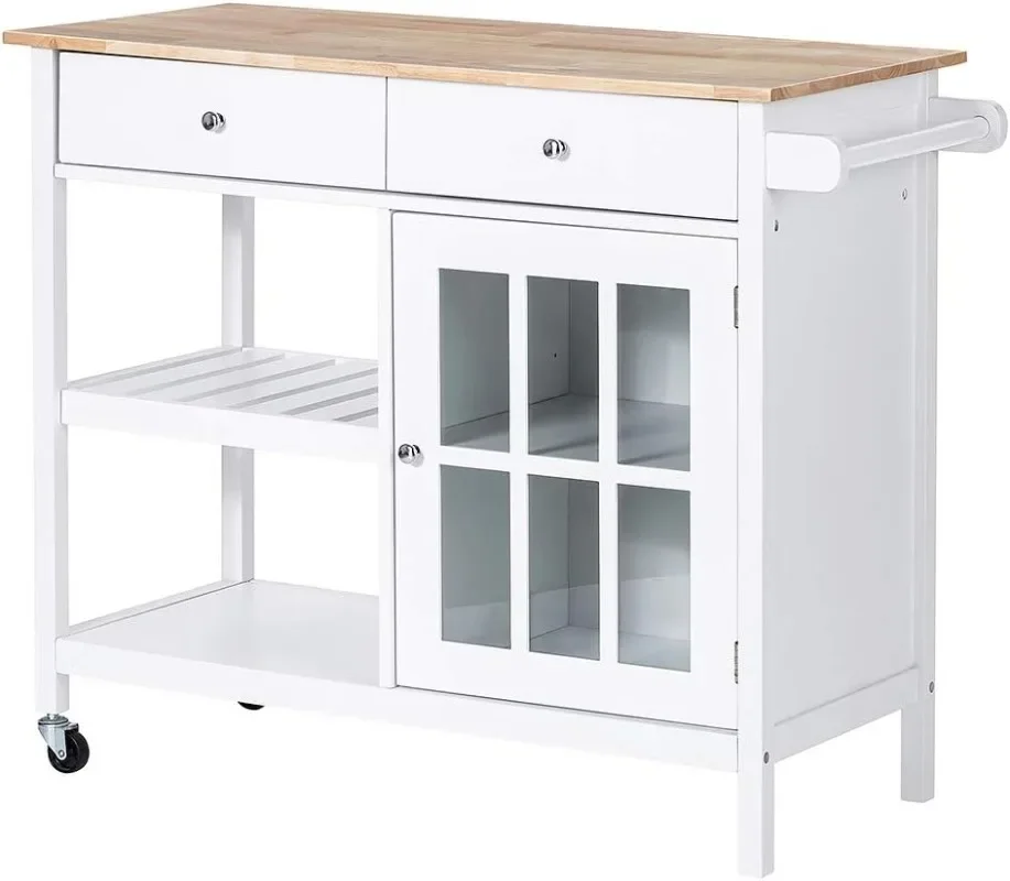 ChooChoo Rolling Kitchen Island, Portable Kitchen Cart Wood Top Kitchen Trolley with Drawers and Glass Door Cabinet, White