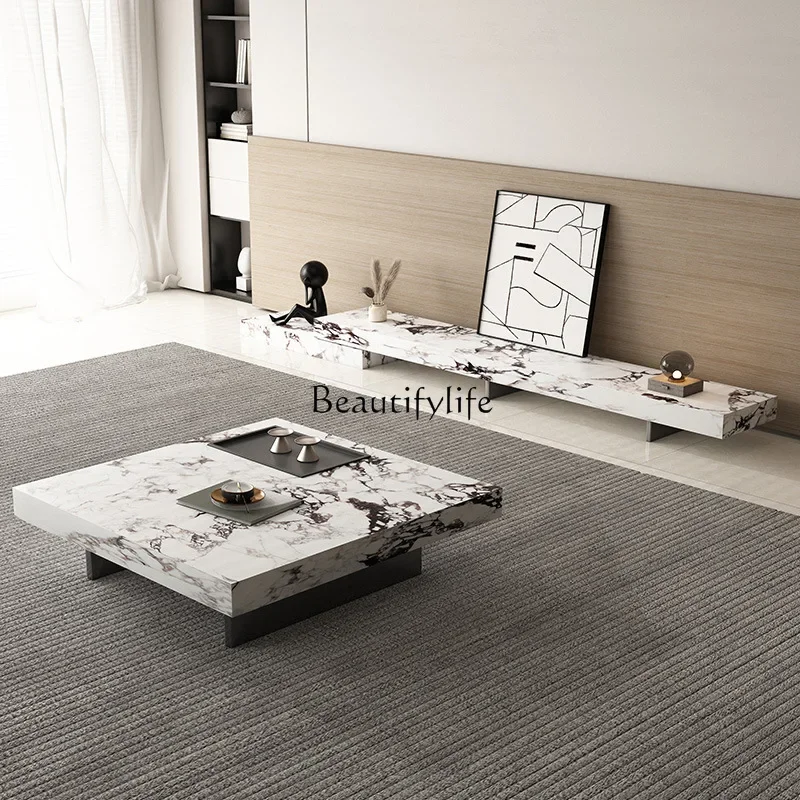 

ls 27Italian minimalist living room wabi sabi creative square rock slab coffee table telescopic TV cabinet