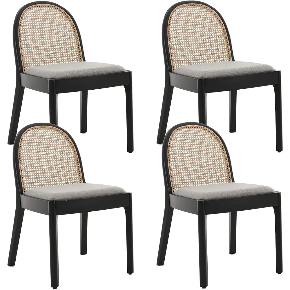 

Современные обеденные стулья из ротанга середины века, набор из 4 шт., деревянный стул для столовой со спинкой-тростиком и мягким сиденьем, серая льняная обивка