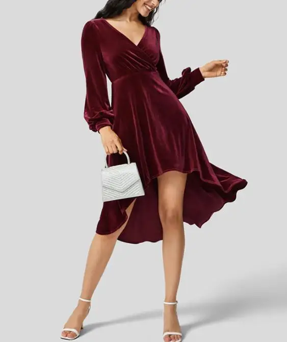 

Women's Dress Spring Velvet High-End Elegant French Temperament V-Neck Lantern Sleeves Cinched Waist Asymmetrical Dinner Dress