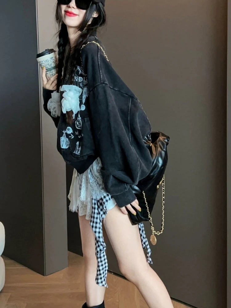 2025 American Retro Print Cartoon Sweatshirt Women Zip Up Long Sleeve Jackets Coats Casual Hooded Sweatshirt Y2K Streetwear Tops