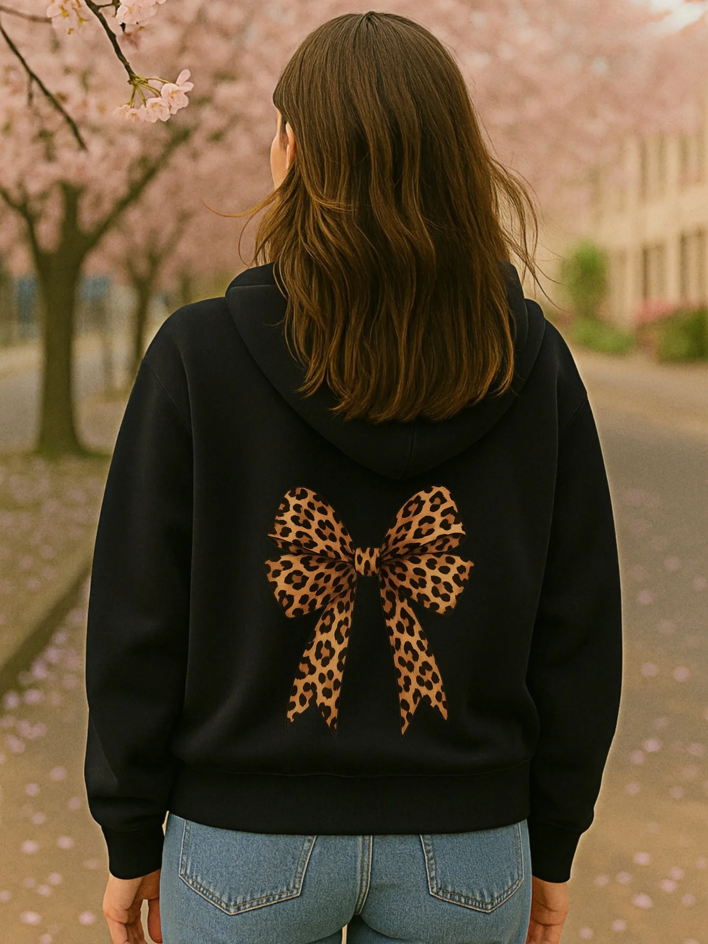 Dameshoodie, luipaard - grafische print met strik, meisjesachtige esthetiek, zachte stof, casual dagelijks gebruik