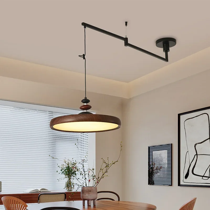 Modern Rotundity Wood Grain Iron Art Chandelier Rocker Arm Pendant Light Restaurant Bedroom Living Room Kitchen LED Hanging Lamp