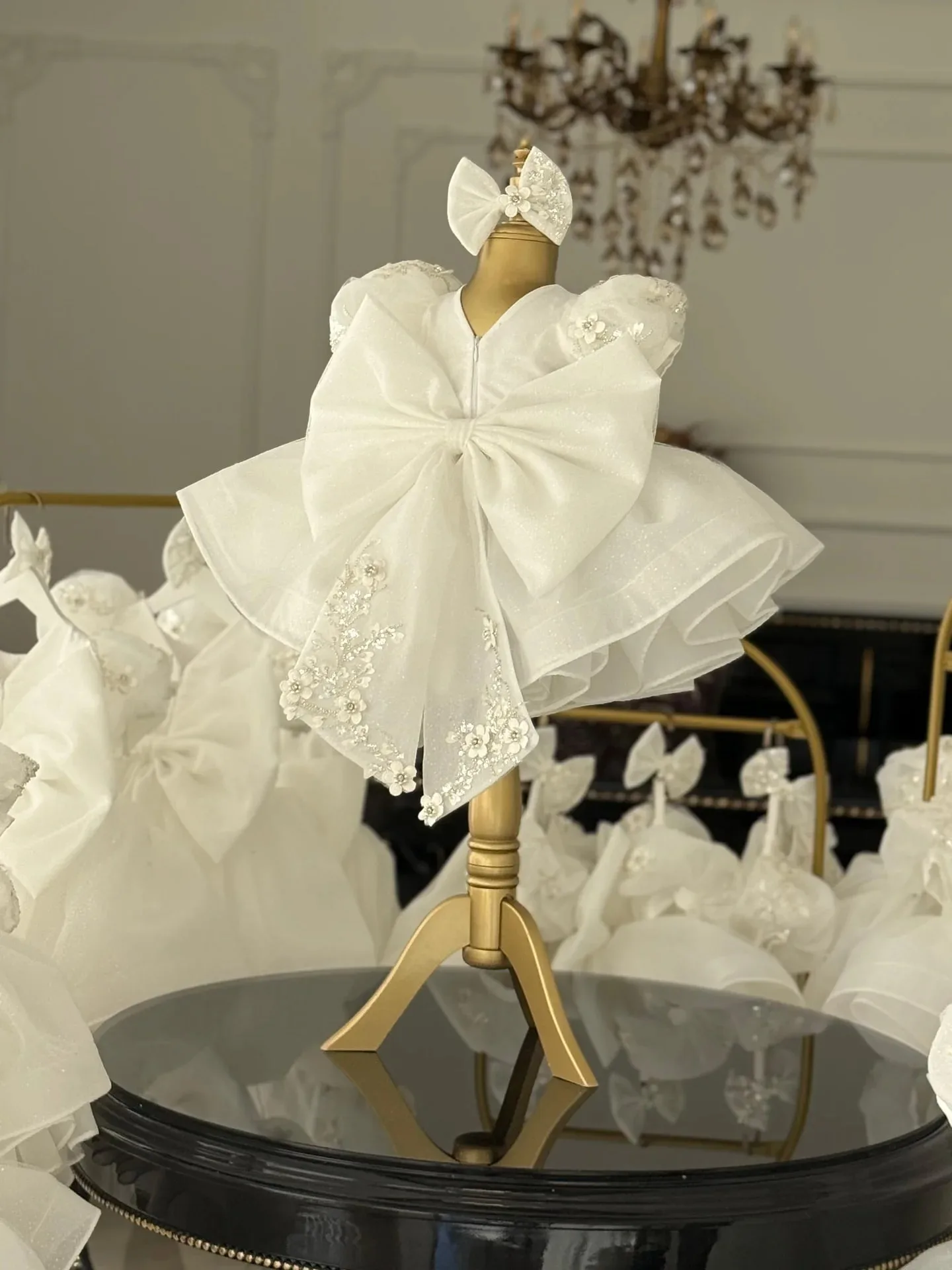 Customized White Flower Girl Dresses for Wedding With Bow Lace Appliques Short Sleeves First Communion Kids Birthday Party Gowns