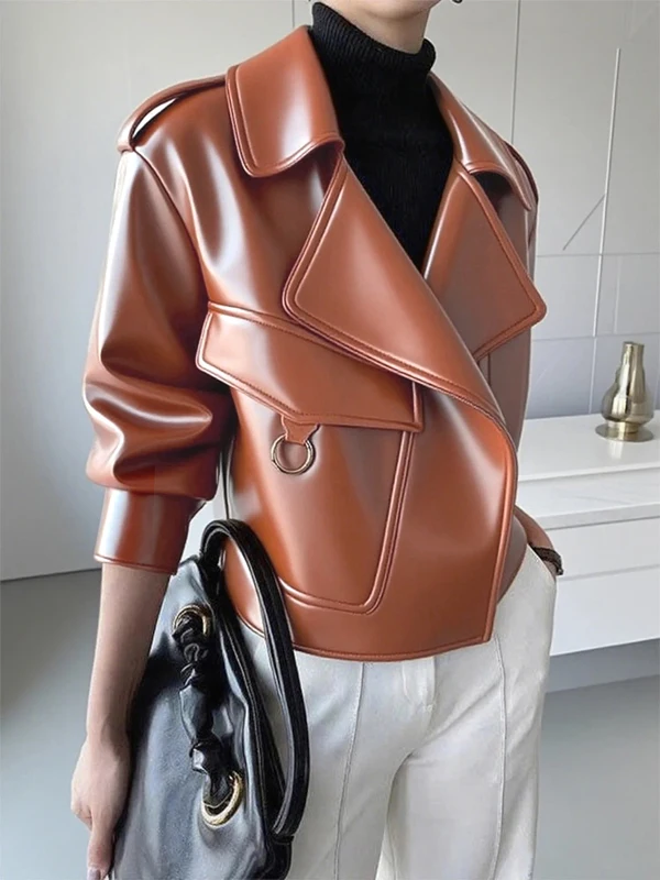 سترة Modigirl لخريف وشتاء من جلد البولي يوريثان للنساء 2025 عتيقة بأكمام طويلة وأزرار للنساء سترة من الجلد الصناعي البني ملابس خارجية