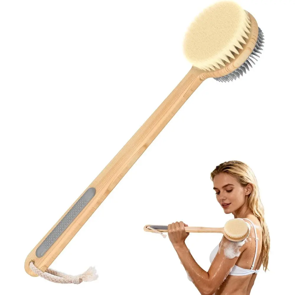 

Back Scrubber or Shower - Double-Sided Silicone and Super-Dense Bristles or Deep Cleaning & Exoliation, Bamboo Long Handle with