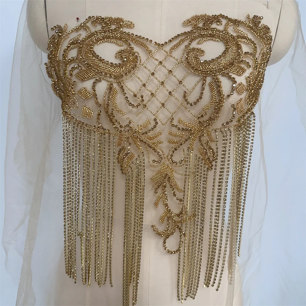 

Ручной работы из бисера и кристаллов лиф аппликация нашивки аксессуар для платья своими руками