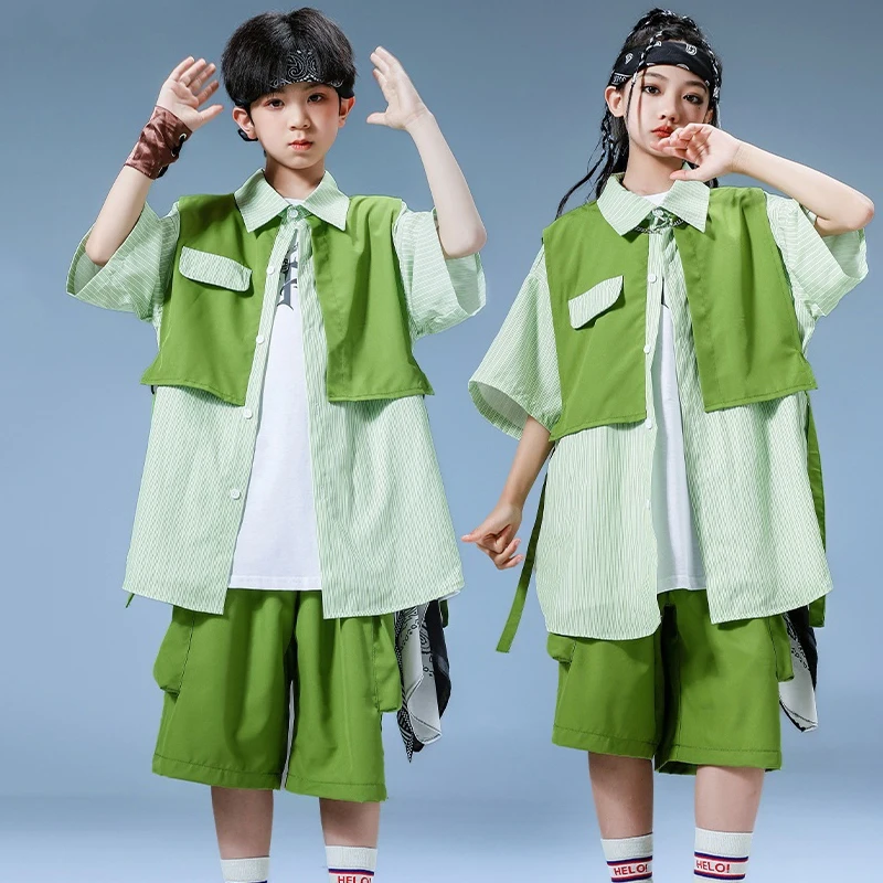 

2024 Children Clothing Green Shirts Kpop Outfits For Boys Jazz Modern Dance Costumes Girls Hip Hop Performance Clothes DQS16299