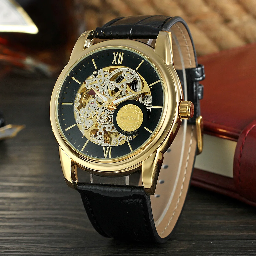 

High Quality Winner Watch Official Mechanical Automatic Watches for men Leather Strap Vintage Bronze Wristwatch reloj hombre