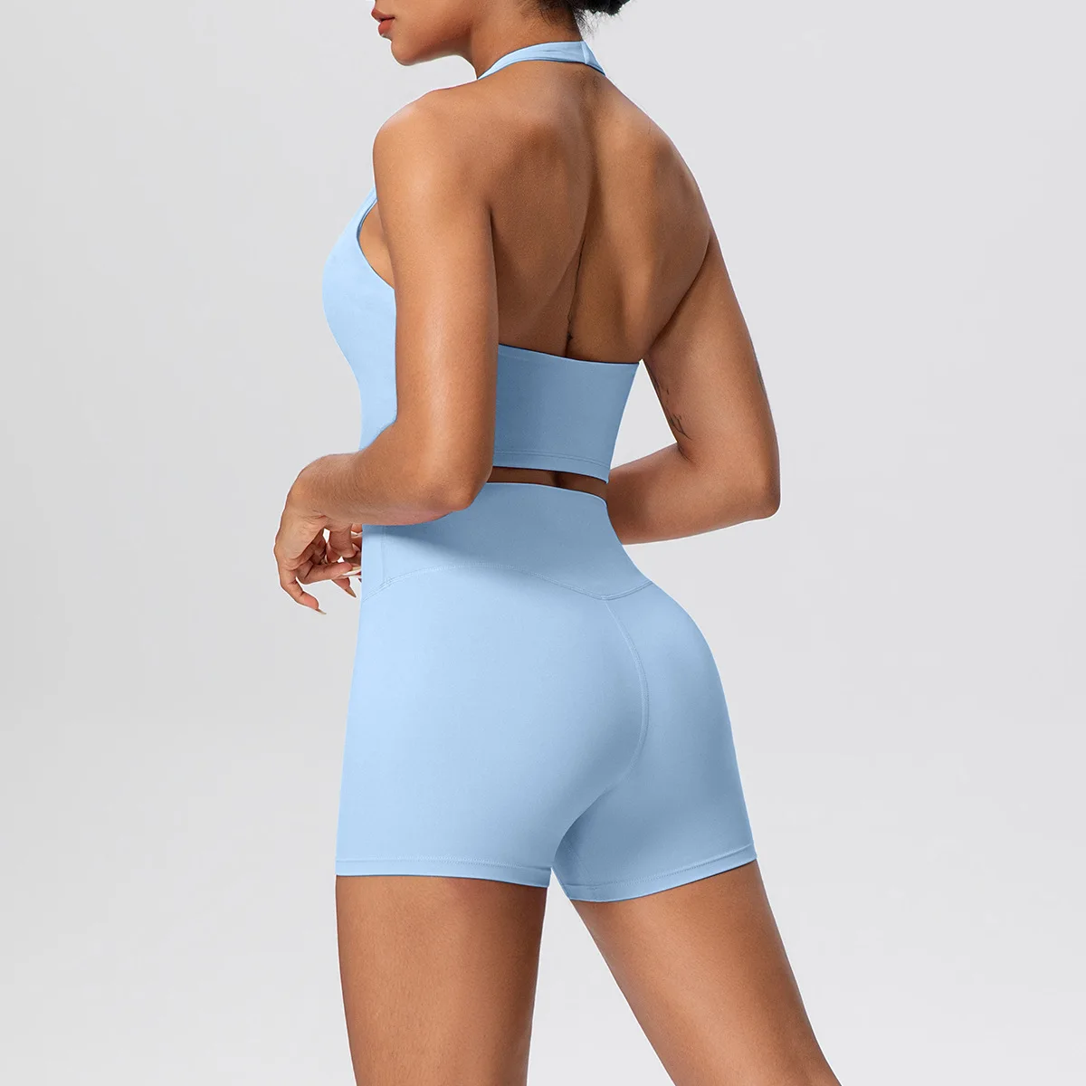 

New Women's Sports Tight High Waist Hip Lift Fitness Suit Brushed Halter Neck Bra Shorts Yoga Set Running Workout Gym Tracksuit