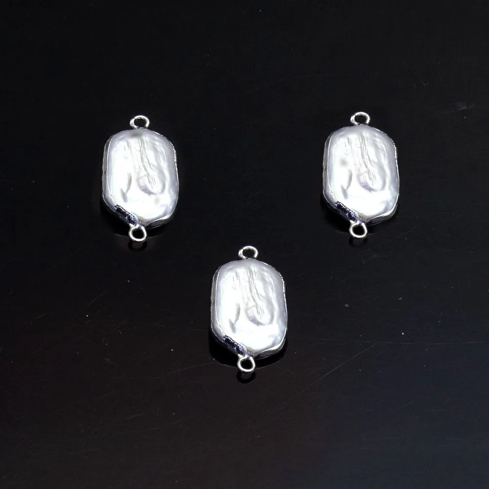 Conector de colgantes de perlas naturales de agua dulce a la moda, borde Chapado en plata, rectángulo Irregular, dijes de 2 agujeros, joyería DIY, collar 1 unidad