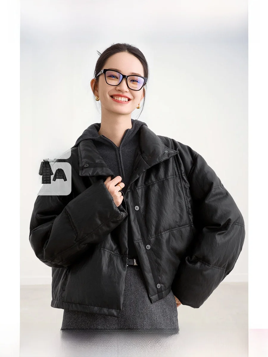 

Зимняя модная удлиненная куртка ROCO2026 из экокожи с наполнителем из чистого белого утиного пуха, теплая, прямого кроя, для повседневной носки