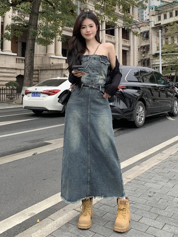 SML Spring Summer Sleeveless Strapless Jeans Dresses 2023 Fashion Off Shoulder Slim Vintage Long Denim Dress Female (BB3548