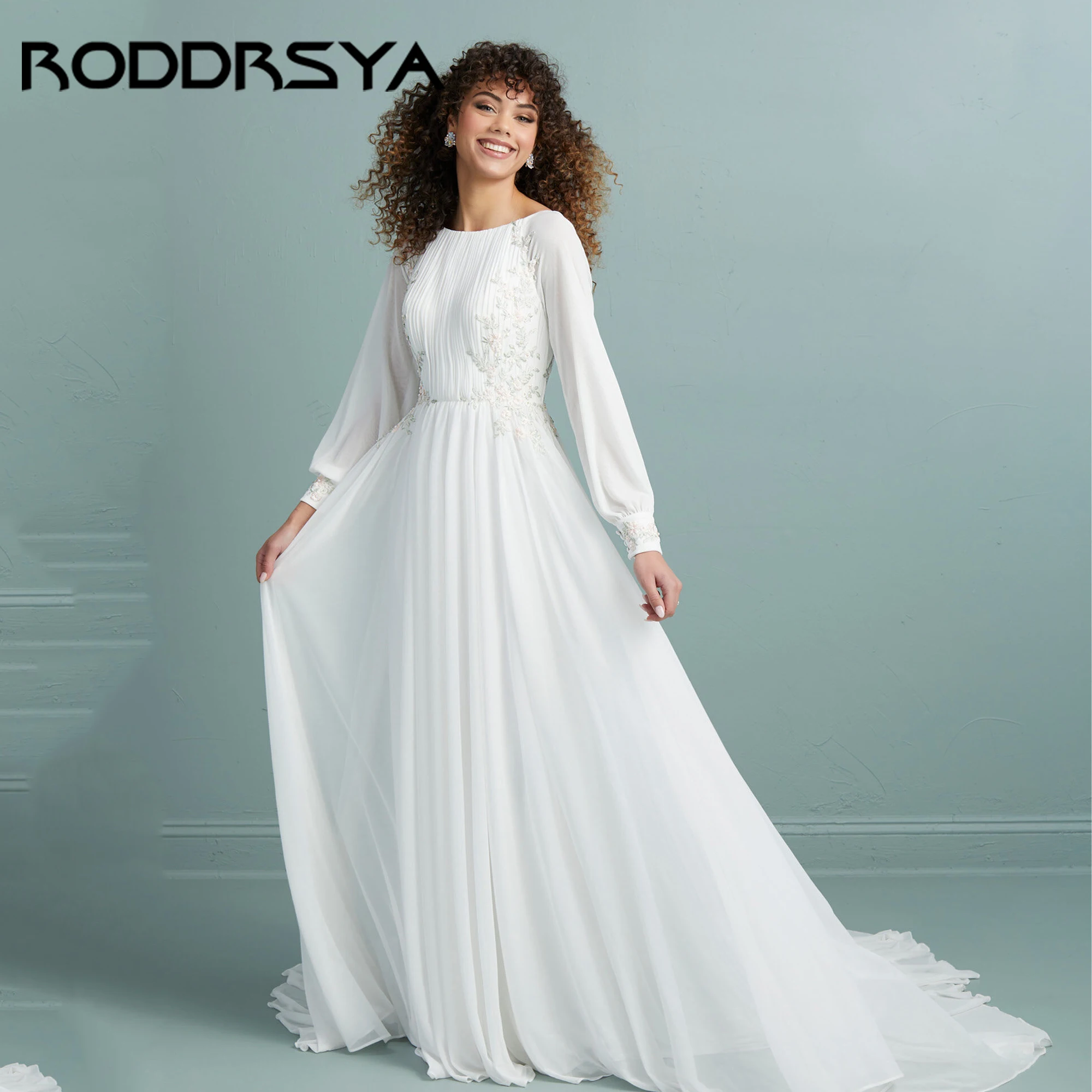 

Lace Luxury Wedding Dress Long Sleeve Applique Sleeve Ruched Bodice Bride Gowns A-Line Vestidos De Novia Sweep Train Customized