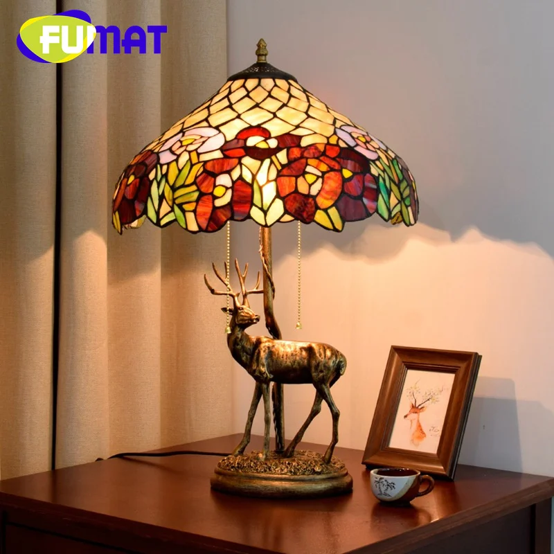 

FUMAT Tiffany stained glass table Lamp 16 inch Elk retro style Art Deco Living room Dining Bar Bedroom Bedside task lamp