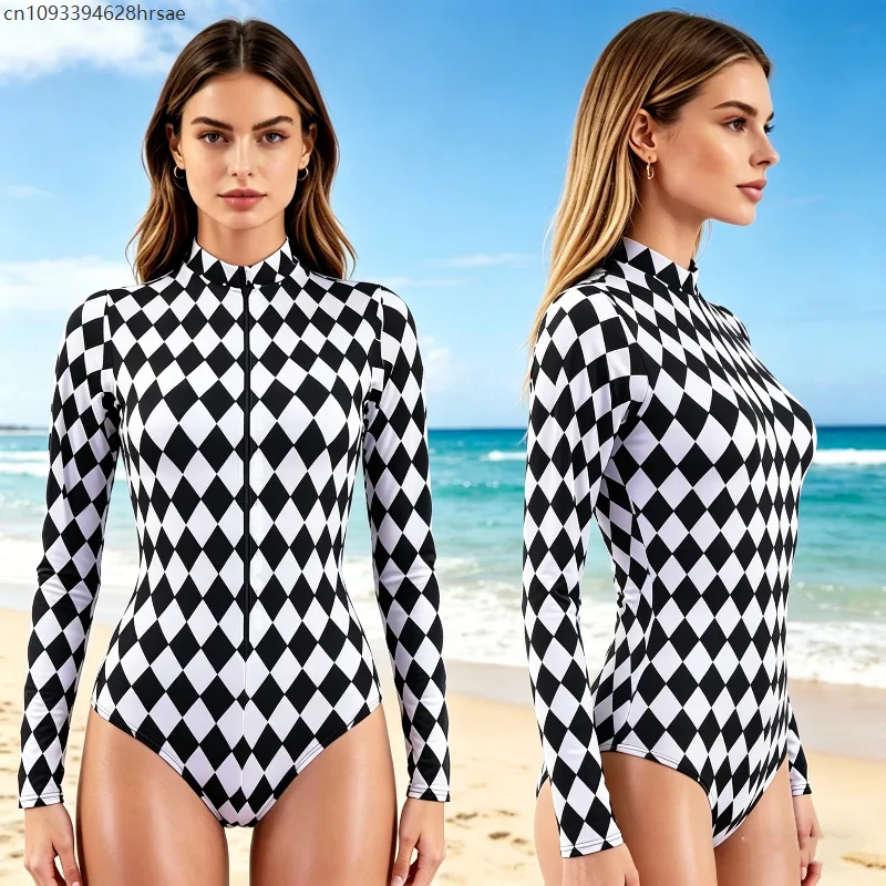 

Women Sexy Clown Cosplay Black White Diamond Plaid One Piece Swimsuit Music Party Stage Clubwear Long Sleeve Beach Swimwear New