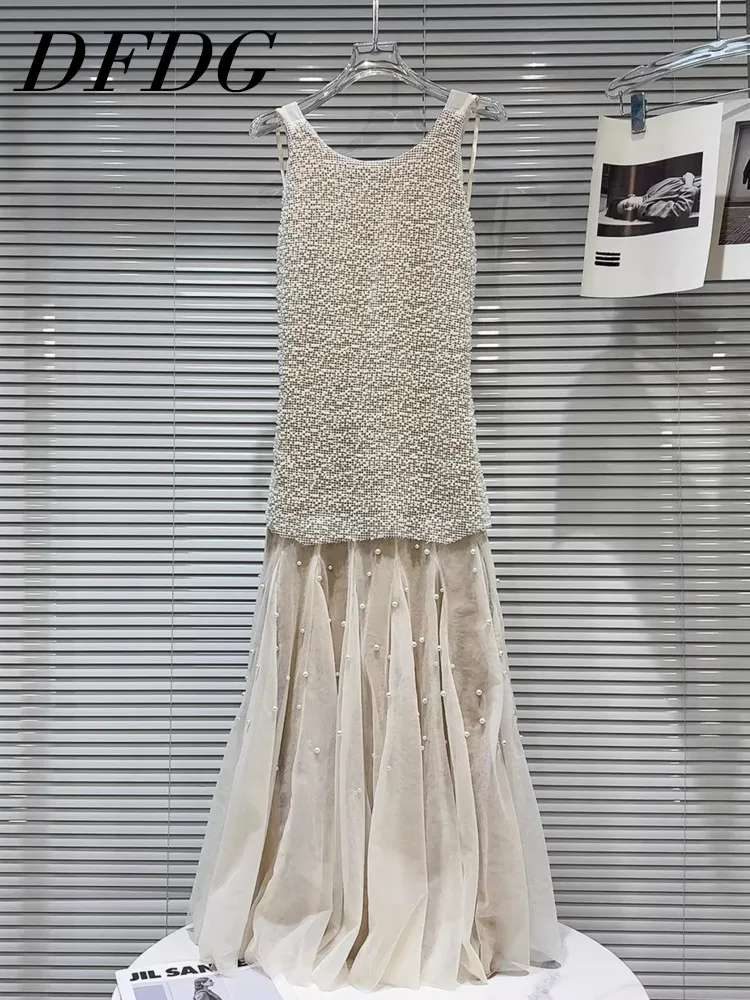 DFDG Damska Letnia Beżowa Sukienka Maxi Bez Rękawów Z Tiulu, Ozdobiona Perłami, Elegancka, Formalna, Na Imprezę, Modna Sukienka Damska 2025