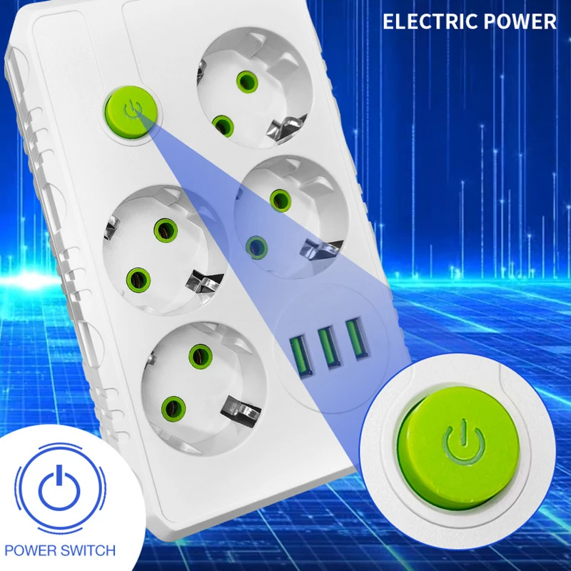 EU Plug Outlet 2/4/6 Sockets Multitap Power Strip Electrical Socket 2m Extension Cord with 3 USB Ports 2500W MAX Power 1 Switch