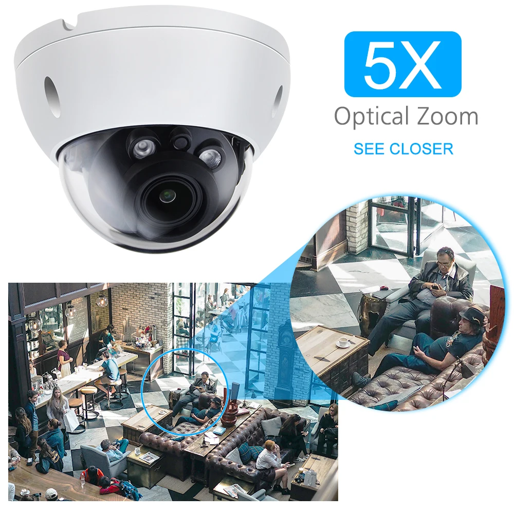 IP Camera 8MP 4K POE IR 40M 5X Motorized Zoom Dome Security Camera Built in MIC 2-Way Audio