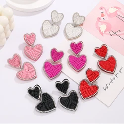 Beaded Heart Drop Earrings In Hot Pink And Red Fashion Simplicity Love Dangle Earrings for Women Girls Statement Jewelry Gift