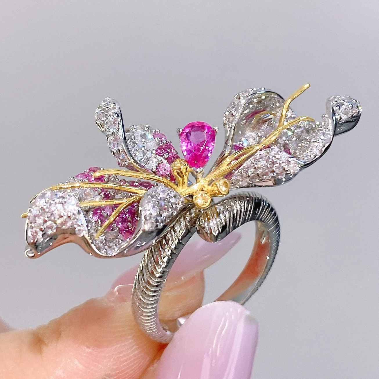 KQDANCE New Trendy Luxury Hand Make 925 Silver Lab Pink Sapphire Gemstone Butterfly Flower Open Rings Art Design Jewelry Woman