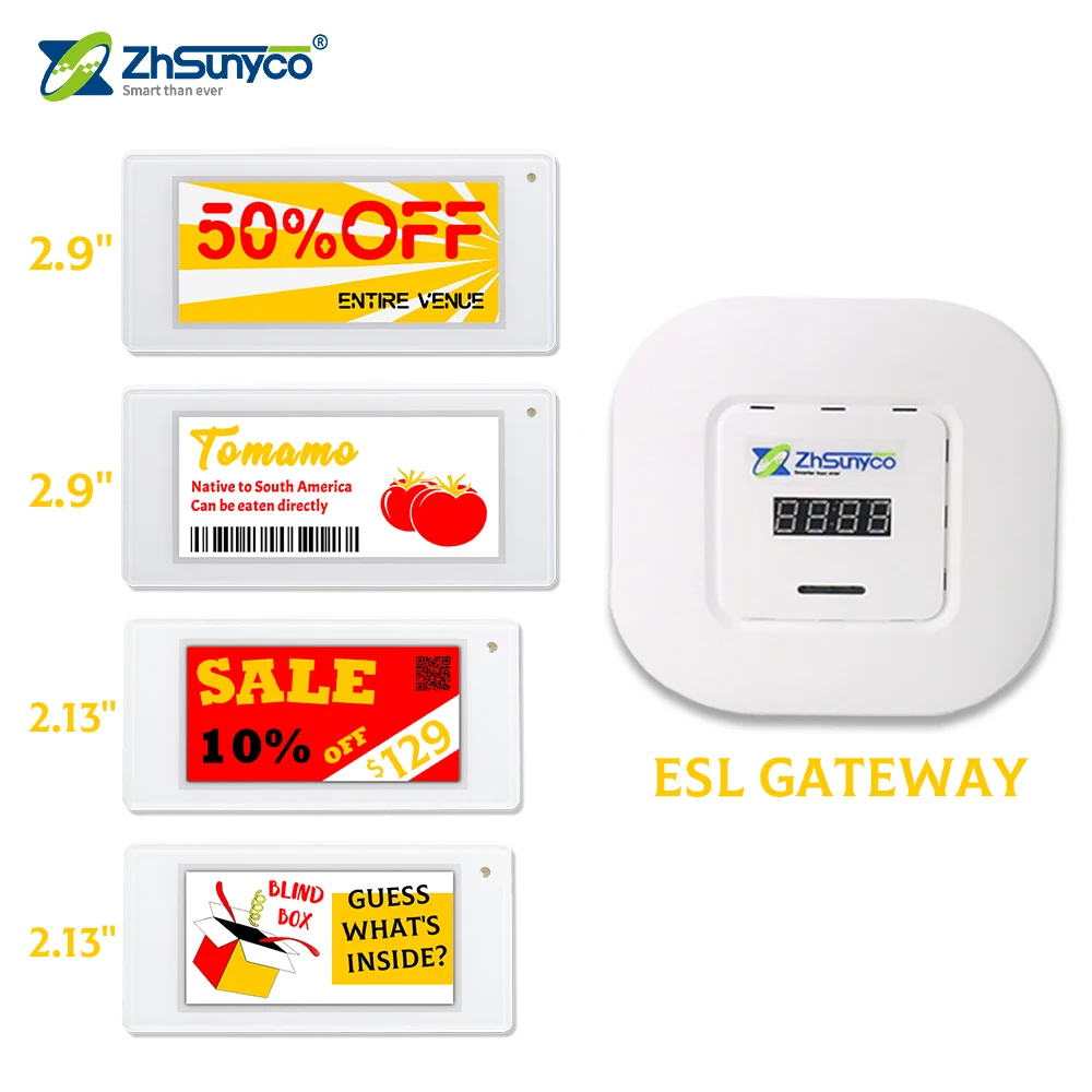 ป้ายราคาอิเล็กทรอนิกส์ Zhsunyco E-ink สำหรับติดชั้นวางสินค้า ระบบ ESL 2.4GHz ขนาด 2.13/2.9 นิ้ว/เกตเวย์ สำหรับซูเปอร์มาร์เก็ต