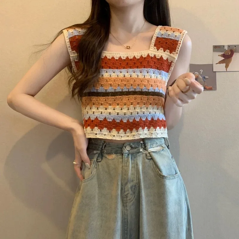 

Rainbow Crochet Top Summer Sleeveless Square Collar Open Knit Crop Crop Camis for Women Teengirl Summer Outfit