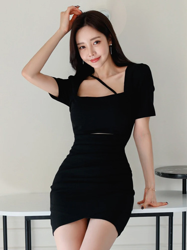 Hotsweet-Vestido negro Sexy para mujer, Mini Vestido elegante Y2K de manga corta recortado, ceñido al cuerpo, para fiesta y Club nocturno