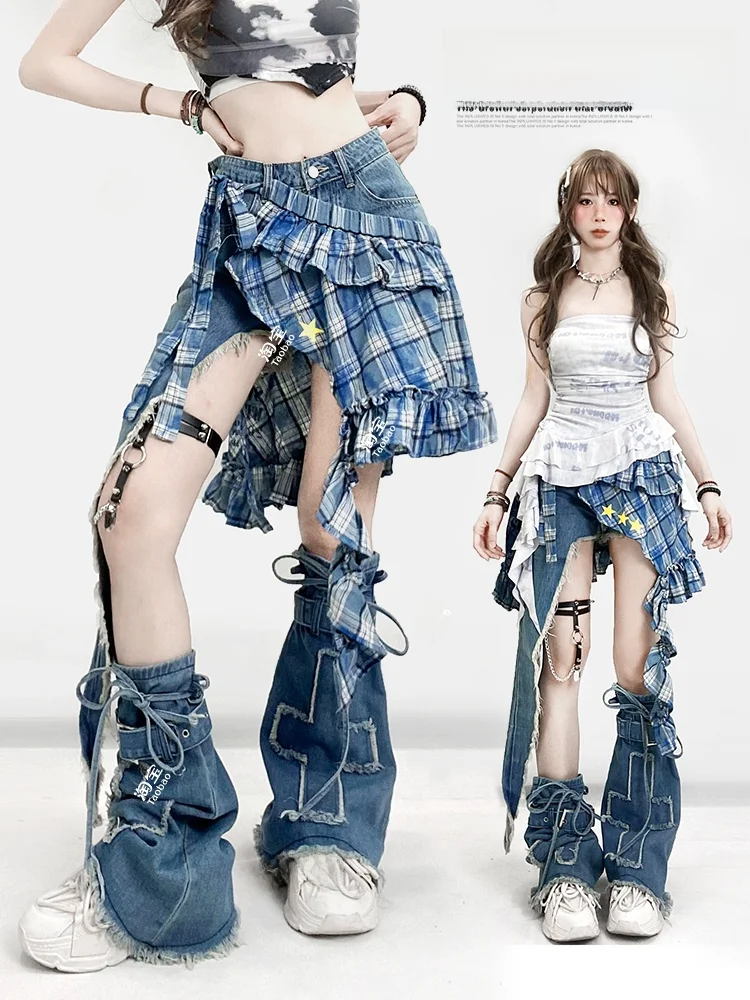 

Комплект брюк в американскую клетку в стиле ретро, комплект со звездным принтом, асимметричный подолом, многослойный комплект для джинсовых рта, женский модный летний комплект