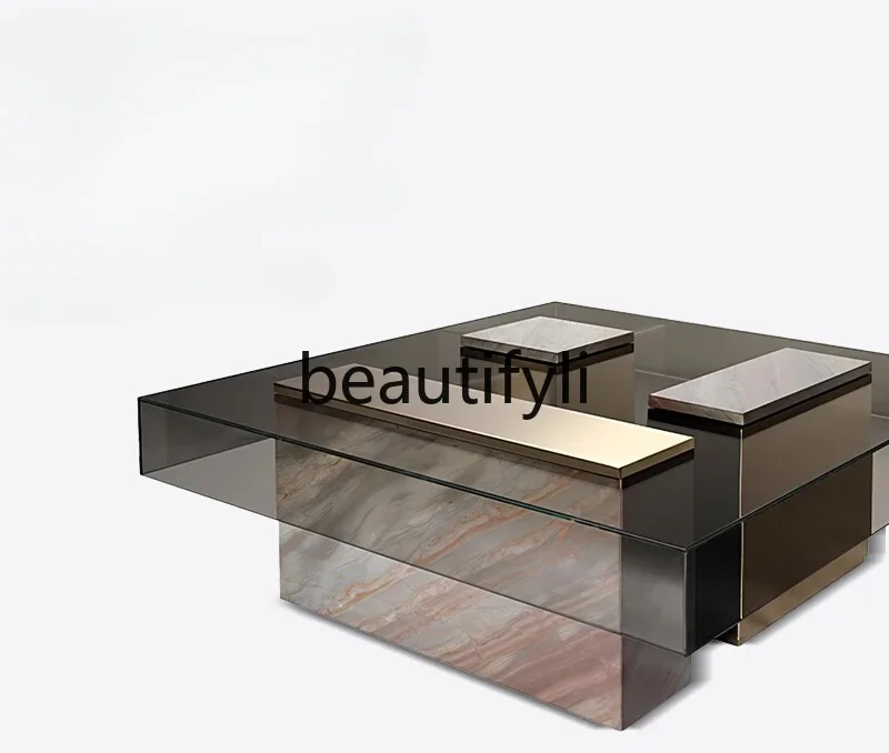 Light luxury coffee table stainless steel square living room simple modern tempered glass table