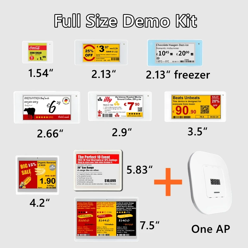 Electronic Shelf Label ​​Full Size Demo Kit, includes 9 ESL Tags and 1 Gateway, Digital Price Tag Demo Kit