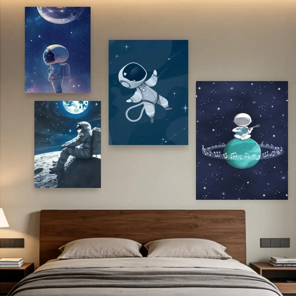 Cartoon Astronaut Space Themed Moon and Stars Poster Navy Blue Starry Night Wall Outer Space Canvas Painting Kids Nursery Decor
