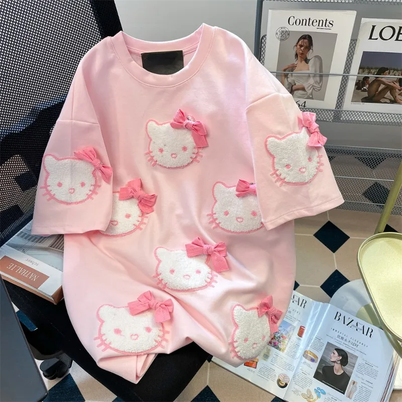 

Hello Kitty T-shirt New Versatile Bow Embroidery Cartoon Women Summer Design Sense American Sweet Spicy Short Sleeved Wholesale