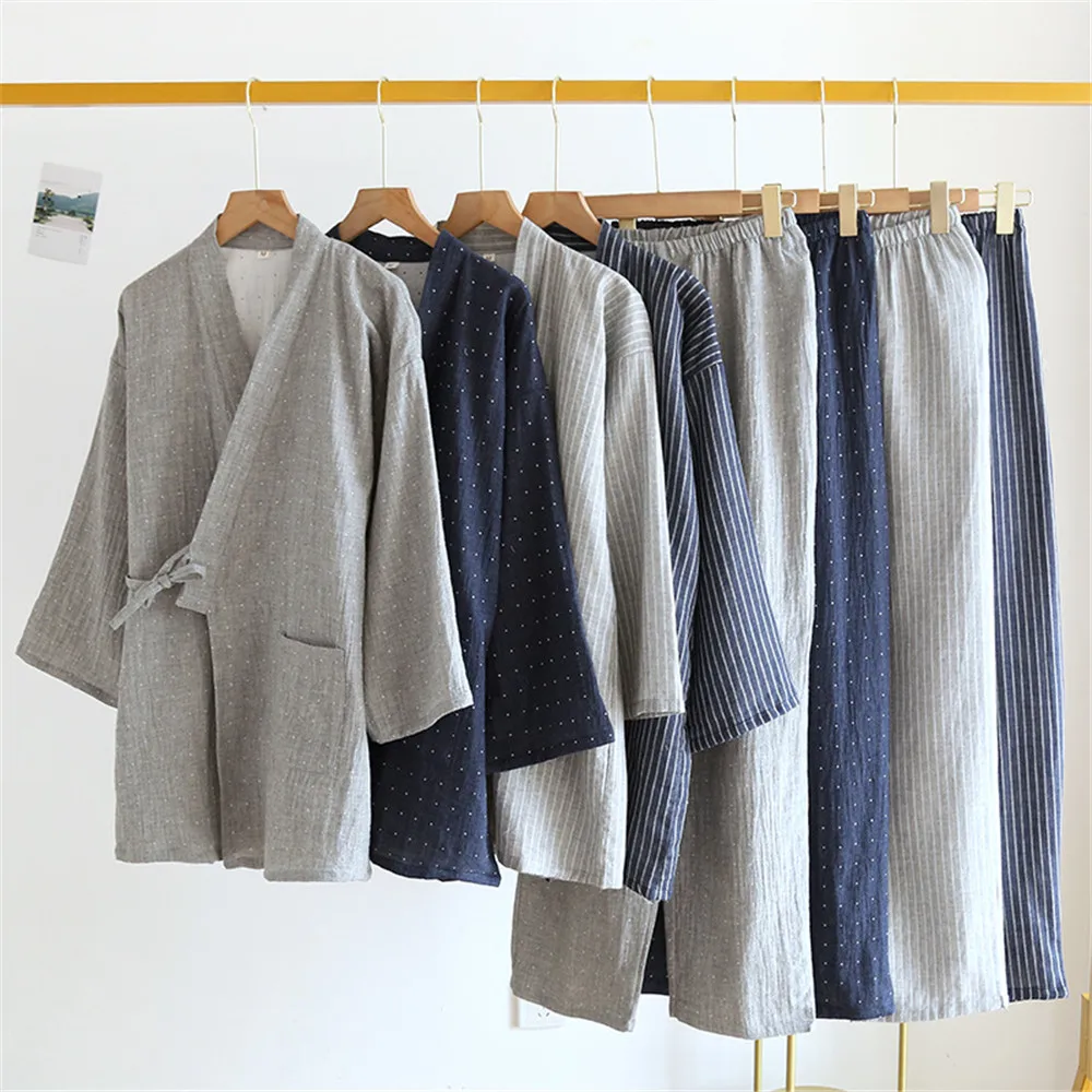 Men's Spring Autumn Polka Dot Print Kimono Robes Long Pants Pajamas Set Home Clothes Cotton Loose Pijama Clothes Kimono