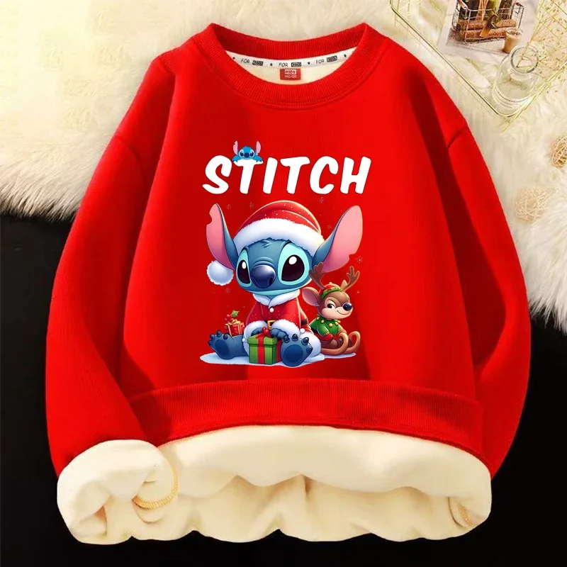 STITCH Toddler Christmas Sweatshirts Cartoon Print Crewneck Pullover Thickening Tshirt Kid Winter Long Sleeve Top Cute Clothes