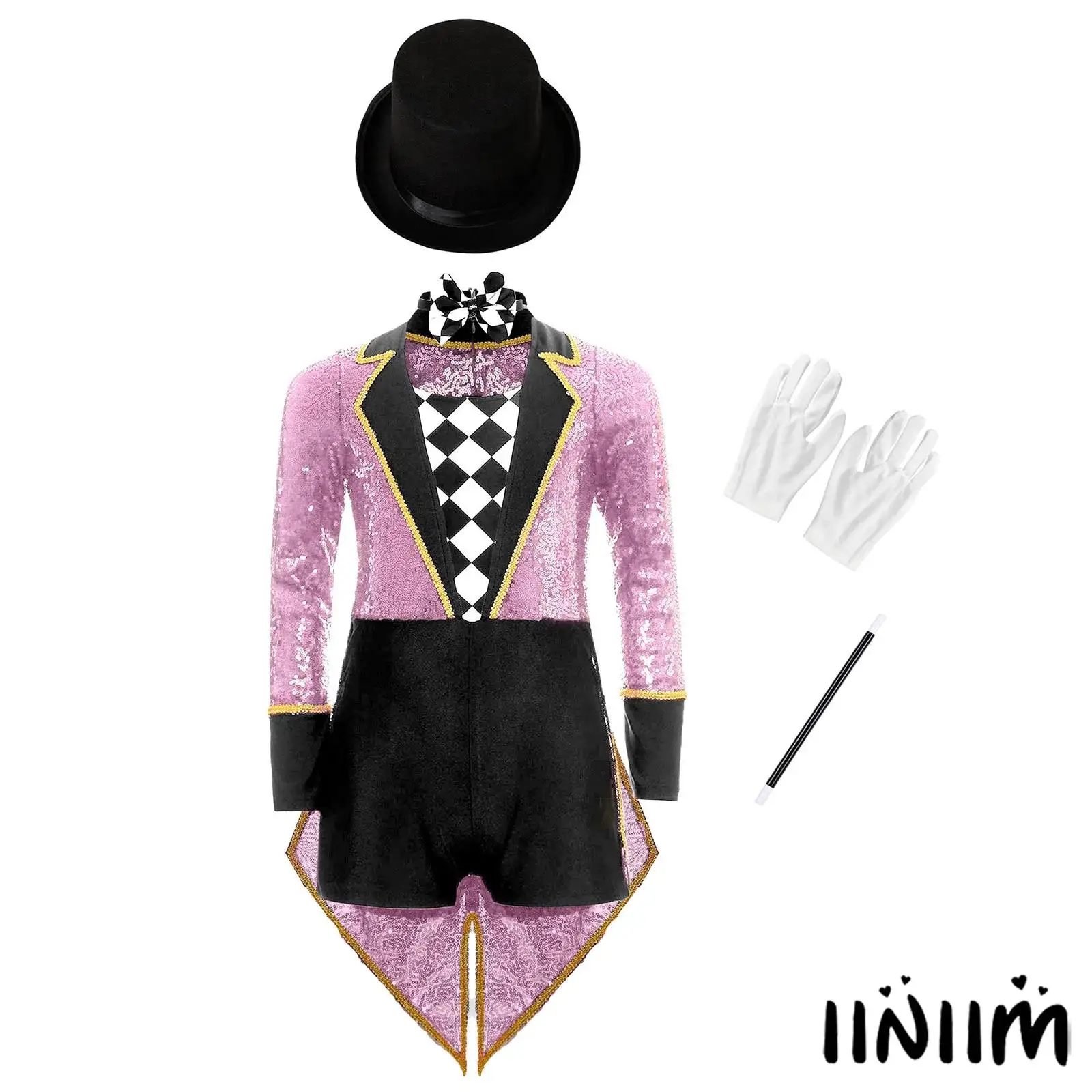 

Kids 4 Pieces Magician Costume Set with Sparkling Tailcoat And Magic Accessories for Halloween Carnival Circus Stage Performance
