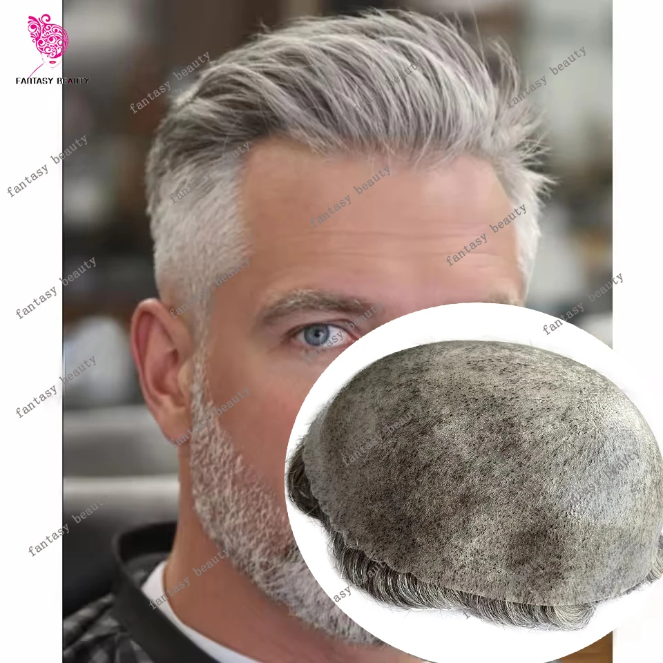 بني داكن 1B80 1B10 أسود رمادي خط شعر طبيعي متين للرجال شعر مستعار 100% شعر مستعار بشري ميكروسكين سيليكون كامل PU كابيلر بروست #1