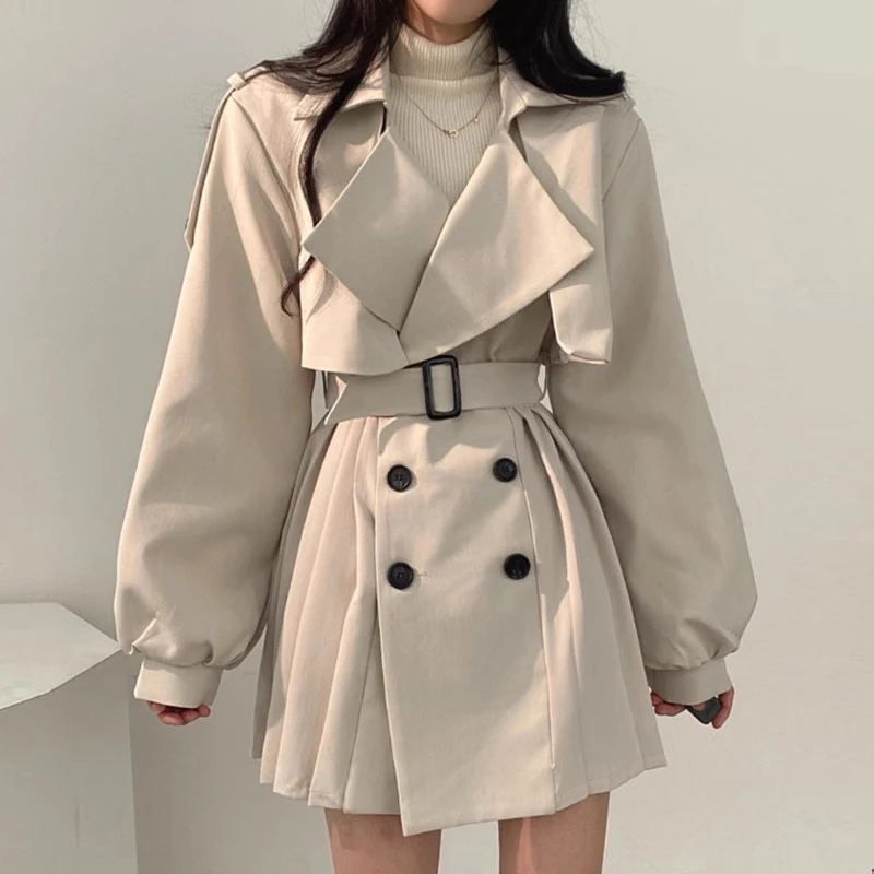 Gagarich Korean Chic Autumn Retro Suit Collar Waist Cinching Slimming Pleated Design Long Sleeved Trench Coat Style Dress Women