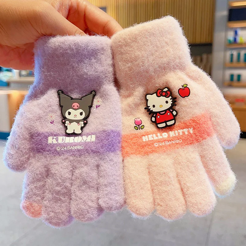 Kawaii Sanrio Hello Kitty Gloves Kuromi My Melody Cold-Proof Winter Finger Gloves Plush Screen Touch Warm Children Toddler Gifts