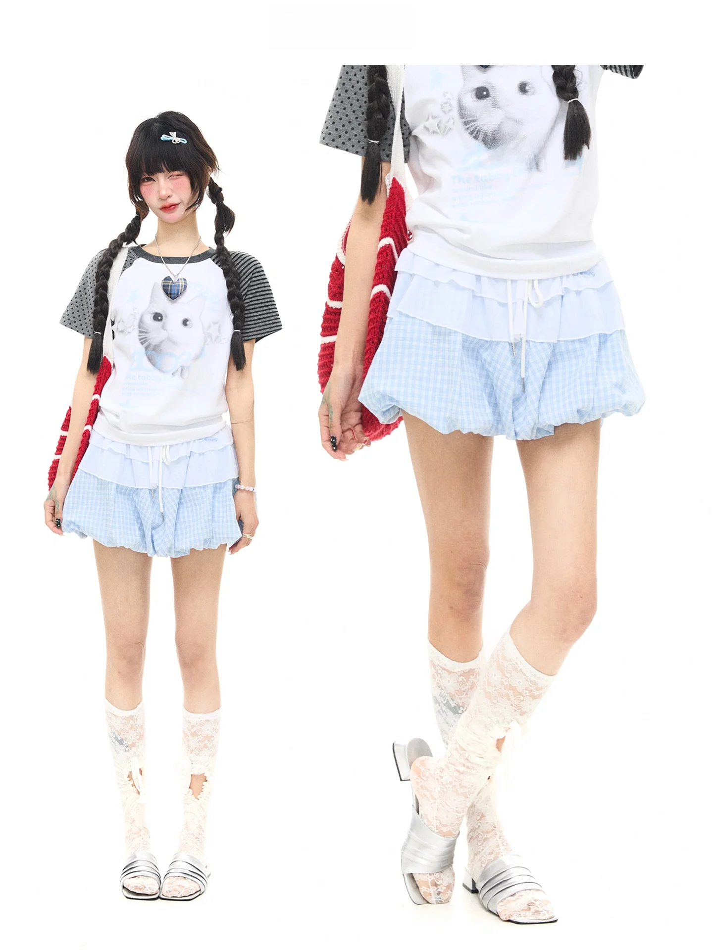 

Юбка-шорты ASTRSK Sweet Lace Plaid Bloomer с высокой талией, эластичная, маленький размер, универсальная, средней длины, для повседневной носки