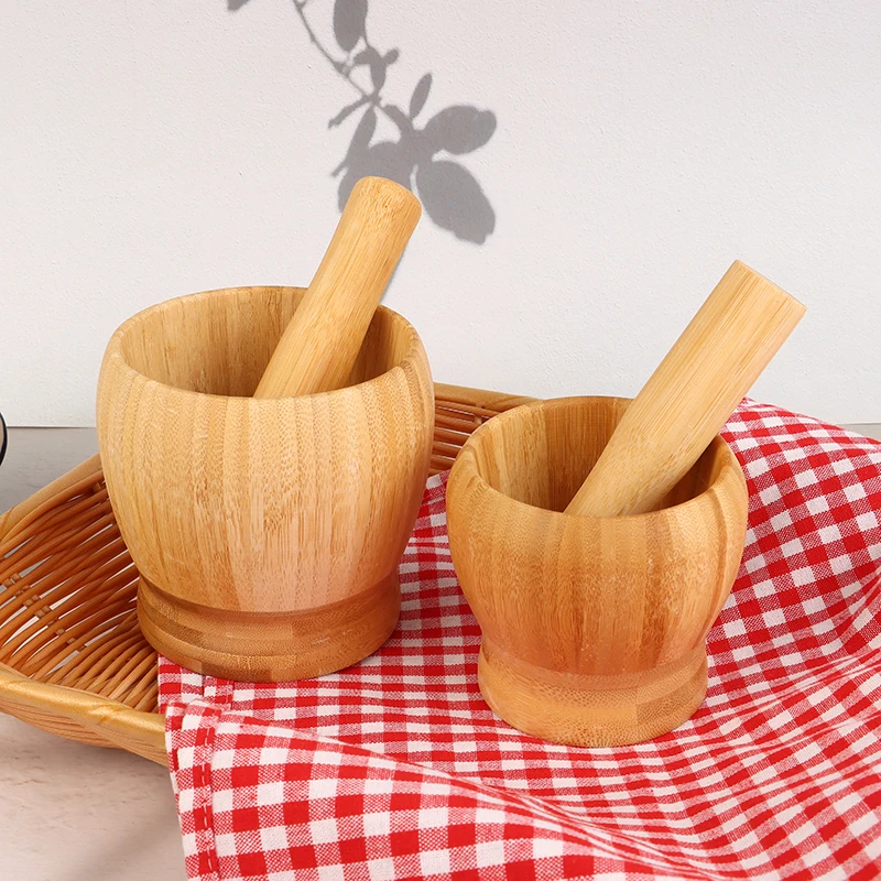 Bamboo Mortar And Pestle Set Garlic Grinder Herb Spice Pepper Masher Seasoning Crusher Masher Kitchen Tool Grinding Bowl