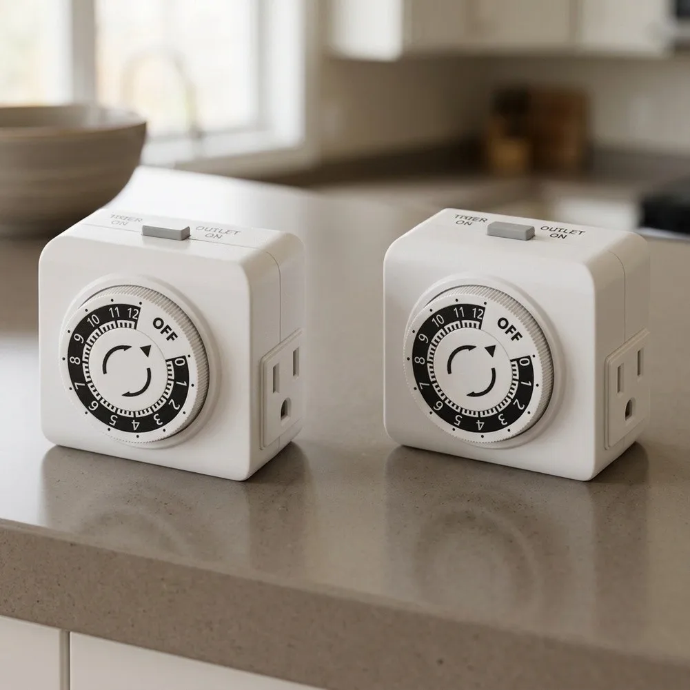 2 Pack 24 Hour Indoor Mechanical Timer Socket with Dual Outlets for Home Office For Kitchen Lighting Automation