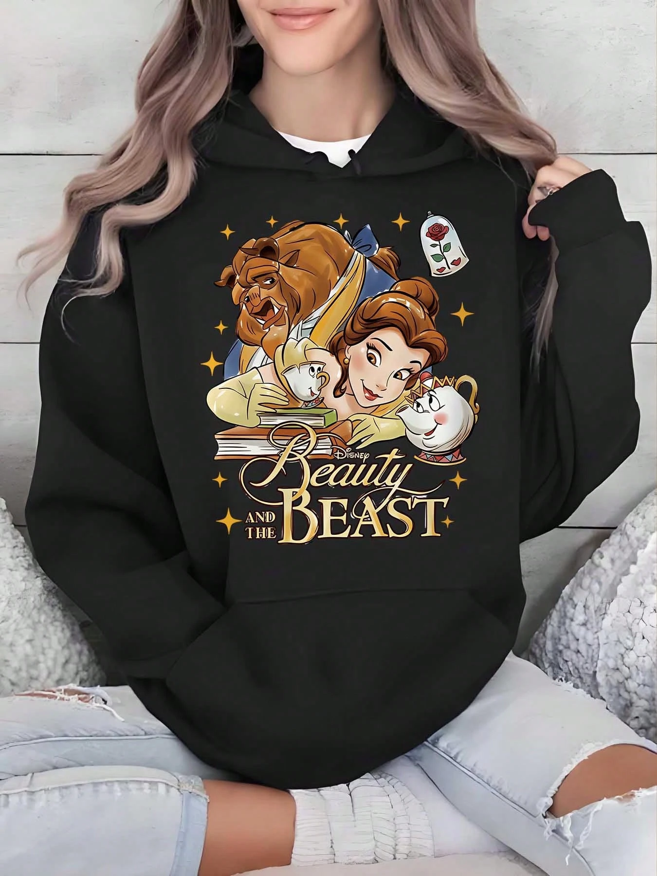 

Women's Disney Beauty and The Beast Hoodie Autumn and Winter Fleece Hooded Sweatshirt Unisex Streetwear Oversized Loose Casual
