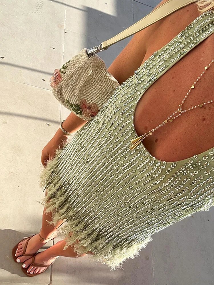 Vestido Halter de piel con borlas y lentejuelas, cuello en V, tirantes con flecos brillantes, chaleco para mujer, vestidos cortos, camisola Sexy con espalda descubierta, vestido de noche nuevo
