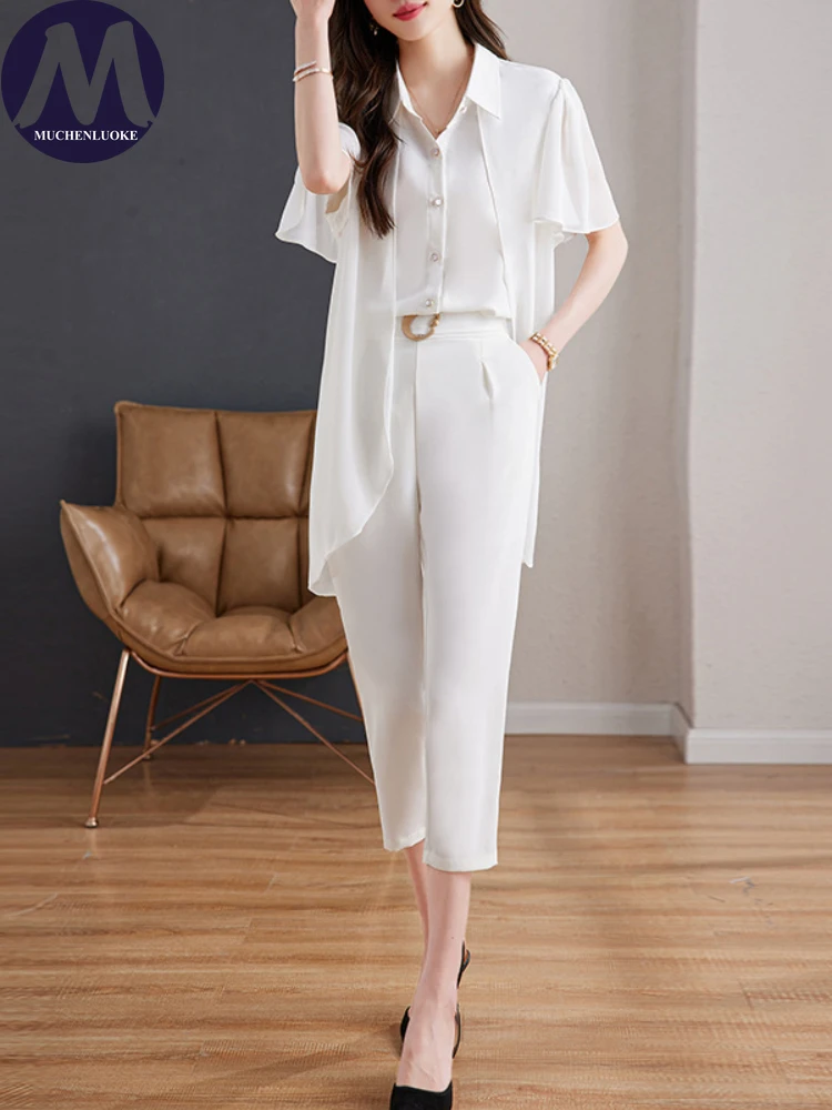 

Two Piece Set for Women 2023 Summer New Casual Solid Short Sleeve Turn Down Collar Top Set Fashion Slim Fit Pencil Pants Sets