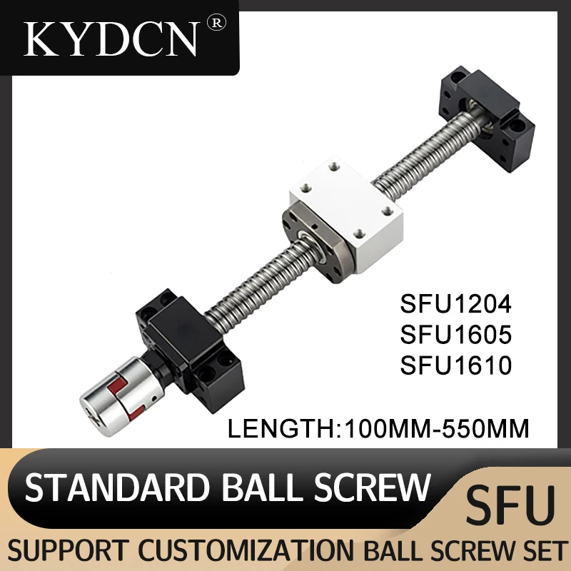 SFU1204 SFU1605 SFU1610 Rolled Ball Screw Length 100-550MM C7 With Flange Single Ball Nut +DSG16 +BKBF12+ coupler  Machined CNC