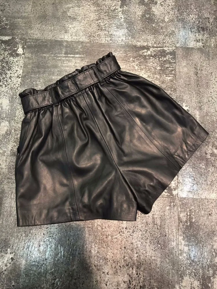 New Real Sheepskin Fashion Sashes Elastic High Waist Wide Legged Shorts Women Summer A-Line Loose Fit Genuine Leather Hotpants